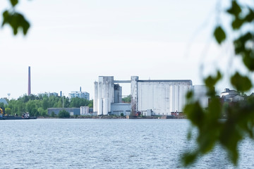 Factory on the coast of the gulf in Finland. Pollution of nature. The branches of the green leaves of the tree on the first plan.