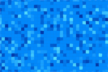 Abstract background made with small squares, tiles. Bright pixel background imitating swimming pool. Modern tessera in mixed blue colours. Blue ceramic tile mosaic in swimming pool. Water illusion