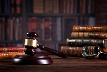 Wooden judge`s gavel. Law. Judge`s office. 