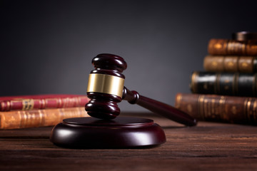 Wooden judge`s gavel. Law. Judge`s office. 