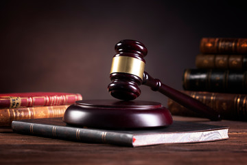 Wooden judge`s gavel. Law. Judge`s office. 