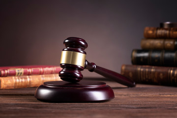 Wooden judge`s gavel. Law. Judge`s office. 
