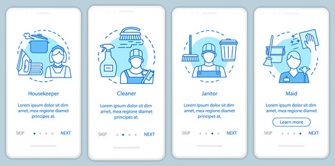 Cleaning agency staff onboarding mobile app page screen, linear concepts