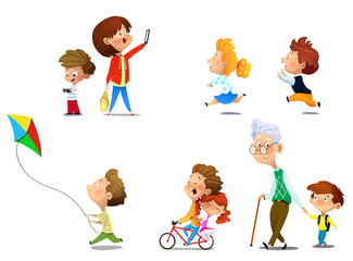 Kids playing in active games. Vector illustrations of funny children at playground - 269086577