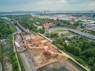 Russia, Moscow, May 2019 - Repairing of Sluice number 8 on the chanel Moscow-Volga, aerial drone view
