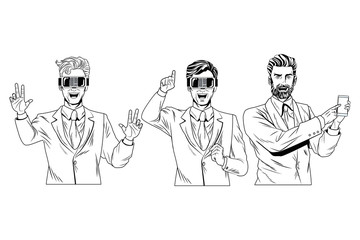 men with virtual reality headset black and white