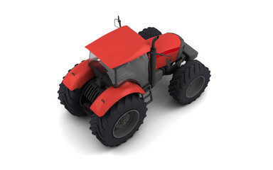Isometric view on red agricultural wheel tracktor isolated on white background. Rear side view. Perspective. Right side. High angle view. 3D render.
