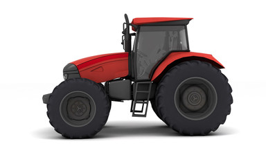 Red agricultural wheel tracktor isolated on white background. Side view. Left side. Low angle view. 3D render.