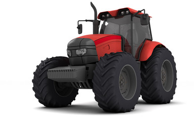 Red agricultural wheel tracktor isolated on white background. Front side view. Perspective. Left side. Low angle. Bottom view 3D render.