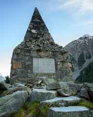 Memorial to climbers who died on Mount Cook, at White Horse Hill in Mount Cook National Park, Southern Alps, Canterbury, South Island, New Zealand, Pacific