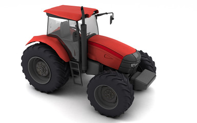 Red agricultural wheel tracktor isolated on white background. Front side view. Perspective. Left side. High angle view. 3D render.