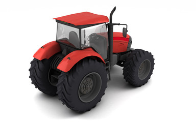 Isometric view on red agricultural wheel tracktor isolated on white background. Rear side view. Perspective. Right side. High angle view. 3D render.
