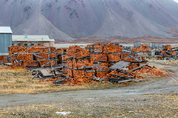The sudden abandoned russian mining town Pyramiden, century old bricks, Isfjorden, Longyearbyen,...