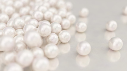 Pile of pearls. Background of the plurality of beautiful pearls. Gems, women's jewelry, nacre beads. Background For your banner, poster, logo. Beautiful shiny sea pearl. 3d rendering