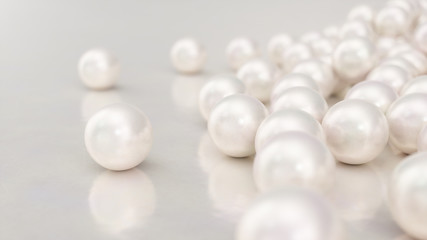 Pile of pearls. Background of the plurality of beautiful pearls. Gems, women's jewelry, nacre beads. Background For your banner, poster, logo. Beautiful shiny sea pearl. 3d rendering