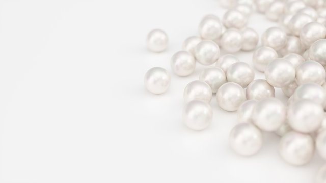 Pile of pearls. Background of the plurality of beautiful pearls. Gems, women's jewelry, nacre beads. Background For your banner, poster, logo. Beautiful shiny sea pearl. 3d illustration