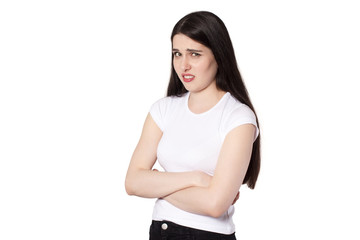 Fototapeta premium Attractive emotional young woman with a white t-shirt isolated