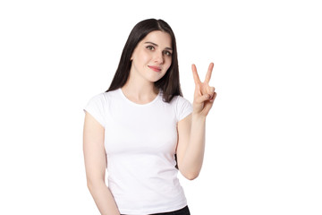 Attractive emotional young woman with a white t-shirt isolated