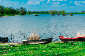 boats on shore in recreation field, Maneswaard in Opheusden. The Netherlands