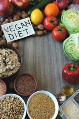Set of vegan products. A note with the inscription Vegan Diet.