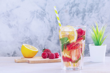 Spring Refreshing Cocktail Composition Side View. Half Lemon, Sweet Strawberry and Raspberry on Wooden Board, Glass of Plant in Pot and Glass with Cool Tasty Drink on Table. Beverage for Wellness