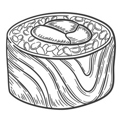 Roll with stuffing in form of sun with sakura branch, fresh roound rice, a vegetable form, vector illustration
