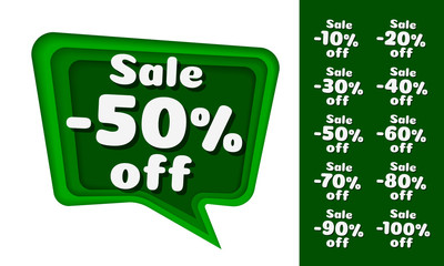 Chat Paper Layer, Color green. collection off with share discount percentage. white background.