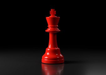 Red king chess, standing against black background. Chess game figurine. Leader success business concept. Chess pieces. Board games. Strategy games. 3d illustration, 3d rendering