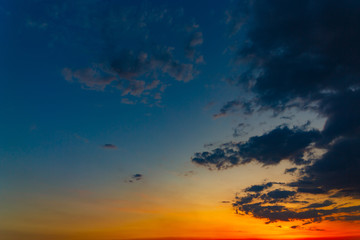 The sky with bright clouds lit by the sun after sunset.