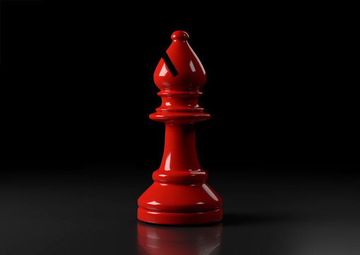 Red bishop chess, standing against black background. Elephant сhess game figurine. leader success business concept. Chess pieces. Board games. Strategy games. 3d illustration, 3d rendering