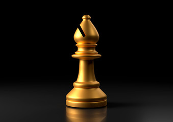 Gold bishop chess, standing against black background. Elephant сhess game figurine. leader success business concept. Chess pieces. Board games. Strategy games. 3d illustration, 3d rendering