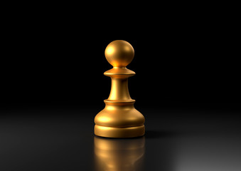 Gold pawn chess, standing against black background. Chess game figurine. Leader success business concept. Chess pieces. Board games. Strategy games. 3d illustration, 3d rendering