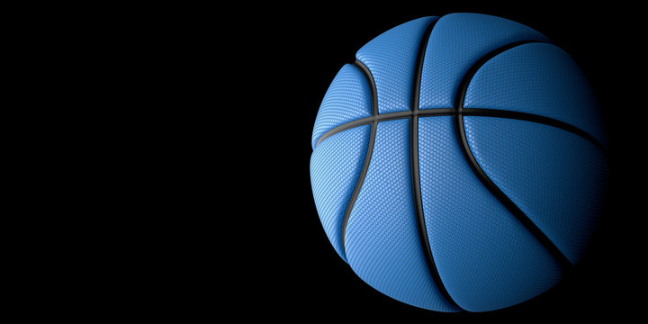 Blue Basketball with Gold Line Design dark Background. Basketball in the air and texture with dots. 3D illustration. 3D rendering high resolution.