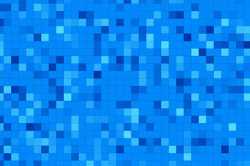 Abstract background made with small squares, tiles. Bright pixel background imitating swimming pool. Modern tessera in mixed blue colours. Blue ceramic tile mosaic in swimming pool