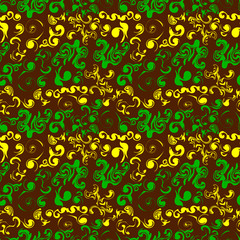 ornaments and abstract figures of green and yellow on a dark brown color