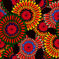 red and yellow flowers with abstract dark leaves