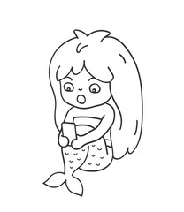 Obraz premium Surprised mermaid with a phone in her hands. Cute cartoon character for emoji, sticker, pin, patch, badge. Vector outline illustration.