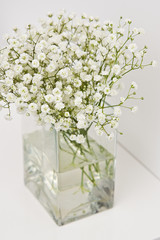 White flowers on glass vase home decoration.