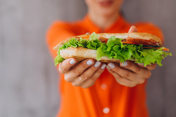 a pretty girl holds a delicious sandwich with vegetables and meat and salad. An ideal concept for advertising a cafe, restaurant, or fast food with sandwiches
