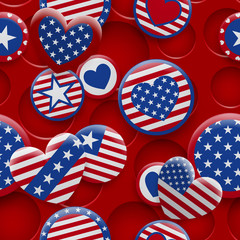 Vector seamless pattern of various USA symbols in red and blue colors on background with holes. Independence Day United States of America