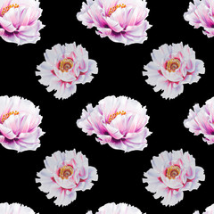 Seamless white peony pattern. Endless texture. Floral print. Marker drawing. Watercolor painting. Wedding and birthday composition. Greeting card. Flower painted background. Hand drawn illustration.