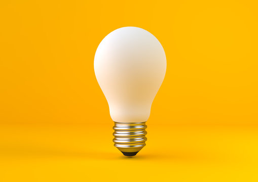 White light bulb on bright yellow background in pastel colors. Minimalist concept, bright idea concept, isolated lamp. 3d render illustration