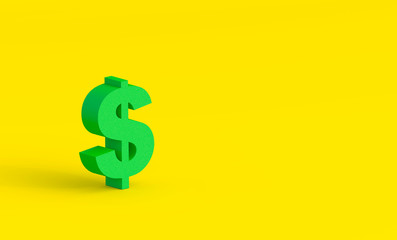 Orthographic projection of a green dollar sign with copy space on a pastel yellow background. Minimal creative concept. 3d rendering illustration