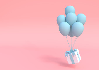 White gift box with blue ribbon and balloon on pastel pink background. Minimal concept. 3d render illustration © Andrii