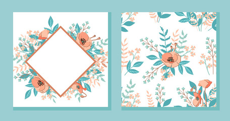 Wedding invitation card with hand drawn flower frame and seamless pattern floral background, . Vector design template, isolated. Save the date welcome card in trendy and fashion rust color