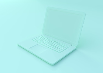 aquamarine laptop isolated on a aquamarine background, pastels color notebook, portable pc, computer 3d illustration 3d rendering