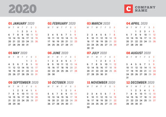 Calendar template for 2020 year. Stationery design. Week starts on Monday. Vector illustration