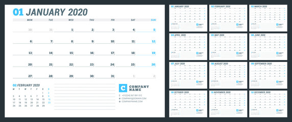 Calendar template for 2020 year. 12 months. Business planner. Stationery design. Week starts on Monday