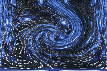 Blue matrix digital background. Distorted cyberspace concept. Characters fall down in wormhole....