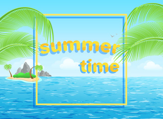 flat vector image on blue background, summer seascape with the words summer time, palm leaves and the sea
